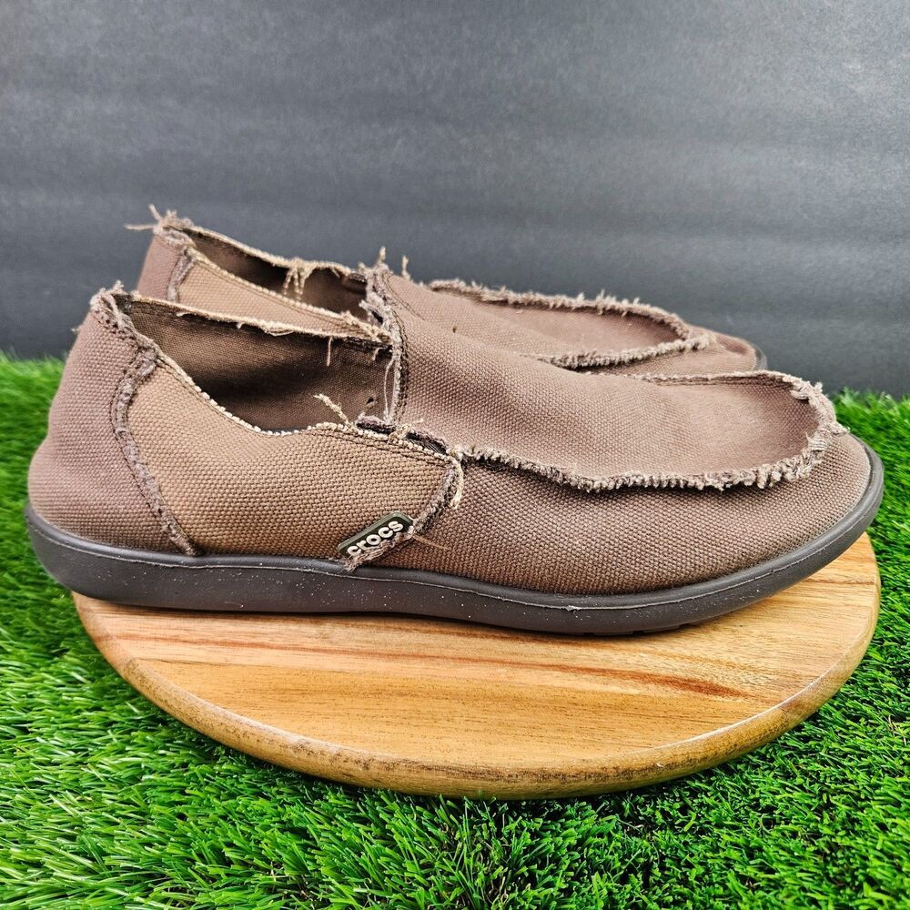 CROCS Santa Cruz Men's Size 13 Brown Canvas Slip-On Loafer Shoes Frayed